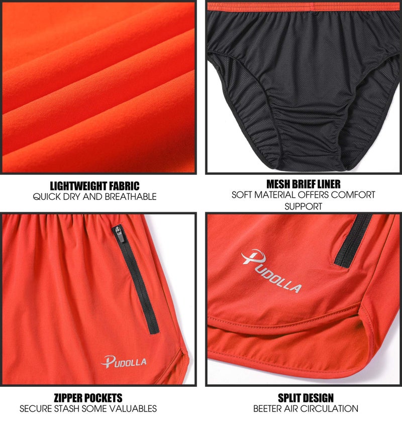 Pudolla Menâ€™s Running Shorts 3 Inch Quick Dry Gym Athletic Workout Shorts for Men with Zipper Pockets(Orange Red Medium) - Image 5